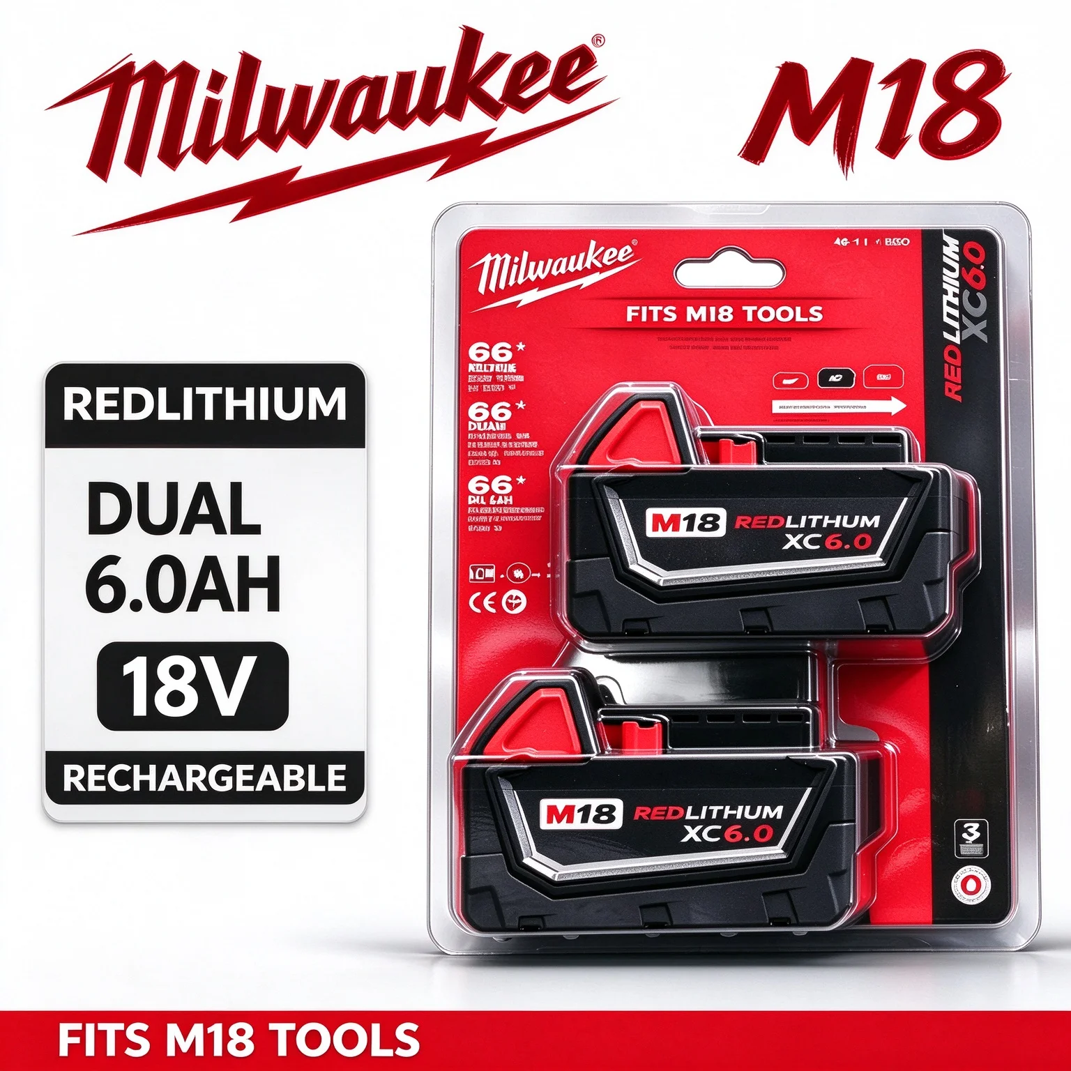 Milwaukee M18 XC6.0Ah Lithium Battery, Continuous Power Supply for Long Time Operation for 48‑11‑2830 0730‑20 Power Tools
