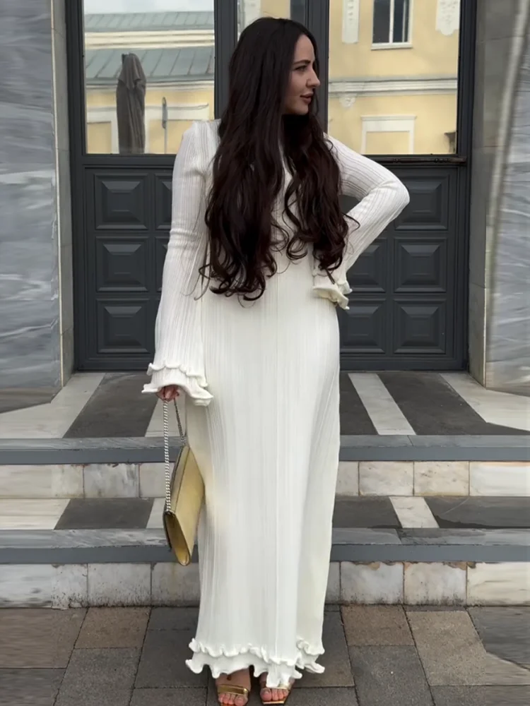 Trendix Knit Elegant Ruffle Maxi Dress Women Summer High Waist Long Sleeve Lace Up Dresses Casual Sexy Backless Knitwear Dress