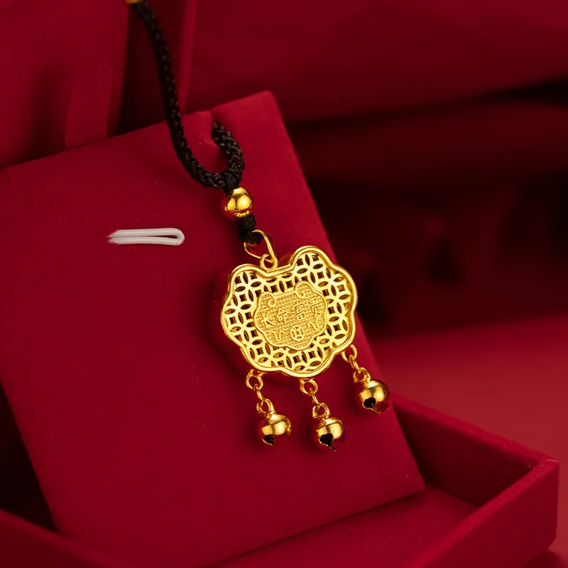 

9999 Real Gold 24K Double-sided Long-life Wealth Small Gold Lock Pendant Long-life Lock Necklace Ethnic Style