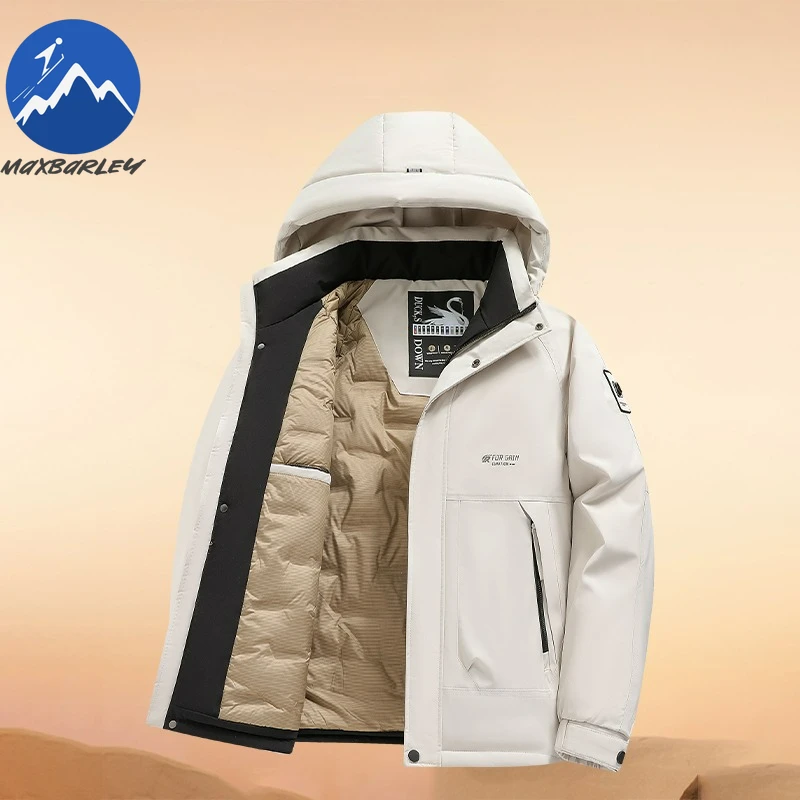 Maxbarley 2026 الشتاء بطة جاكيتات الرجال موضة سميكة خفيفة الوزن أسفل سترة رجل في الهواء الطلق عادية الثلوج التزلج الدافئة معطف مقنع البخاخ