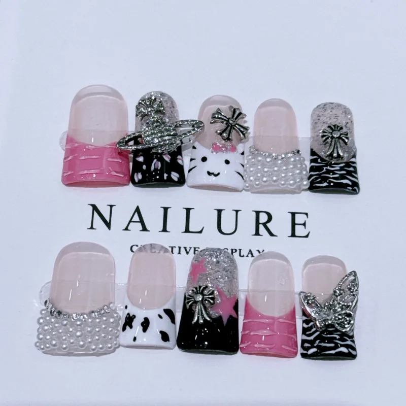 10pcs Y2k Hello Kitty Handmade Nails Spicy Girl Duck-bill Press on Nails Korean Mid-length False Nails Tips French Edge Design