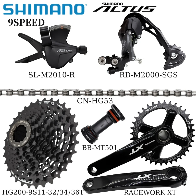 SHIMANO ALTUS 9-Speed ​​MTB Bike Kit RD-M2000 SL-M2010 HG200 32/34/36T Freewheel RACEWORK-XT Crankshaft Kit HG53 Chain Parts