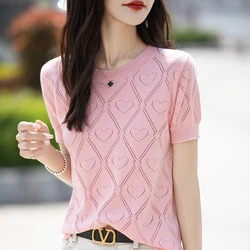 Women's T-shirt Summer 100% Cotton Sweater Short Sleeve Fashion Knitted Round Neck Ladies Tops Loose Blouse Pullover Hollow Tees