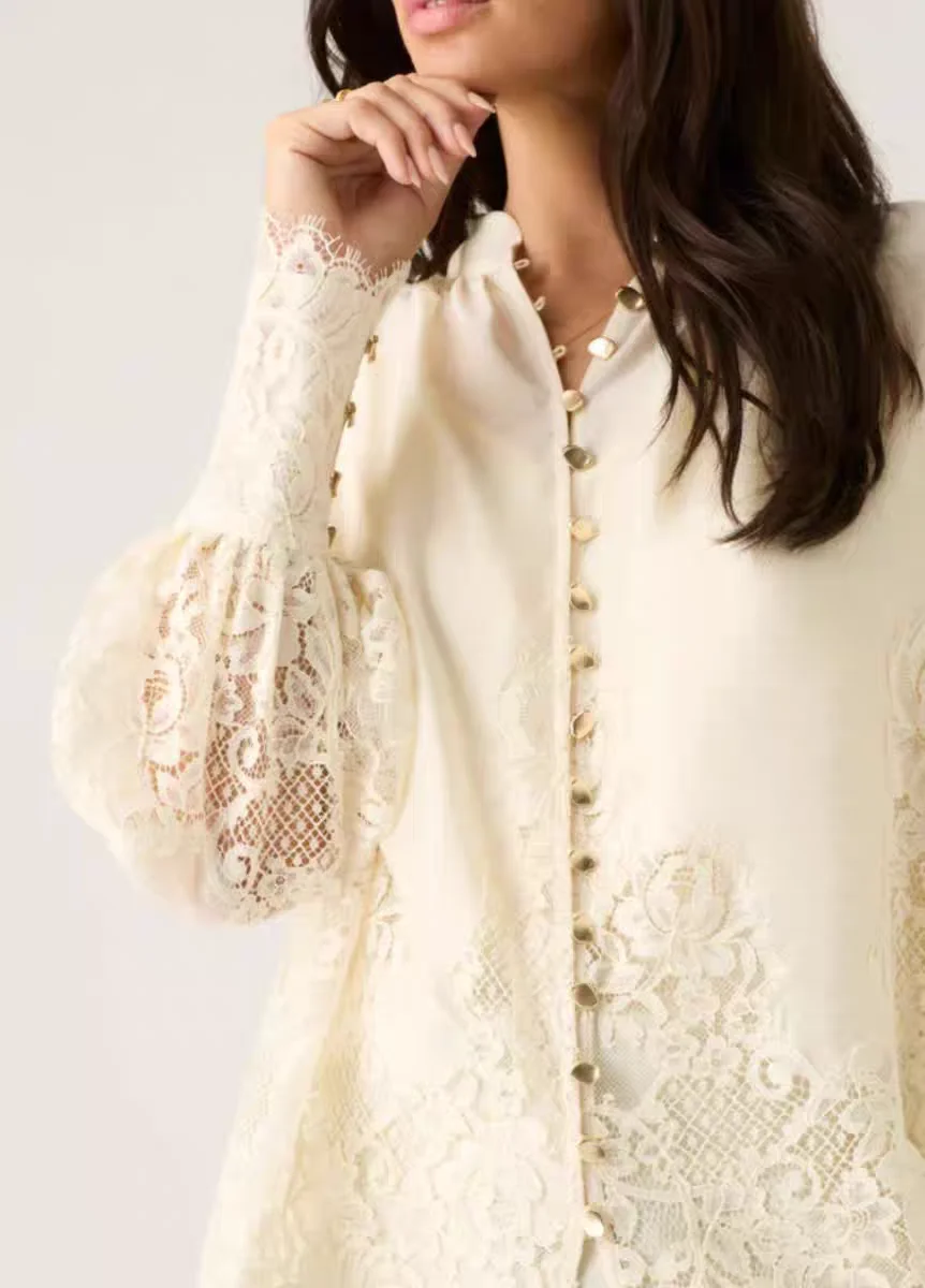 

Women Splicing lace loose lantern sleeve shirt top