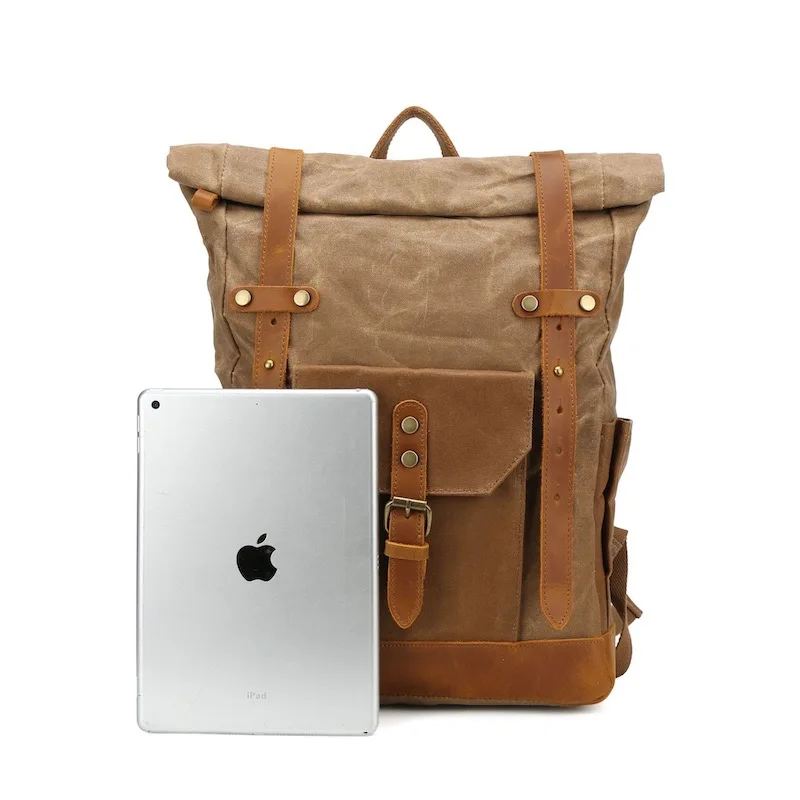 خمر الجلود والشمع قماش الصدام اللون على ظهره مقاوم للماء 13 بوصة الكمبيوتر سعة كبيرة حقيبة السفر في الهواء الطلق التخييم Mochila #3