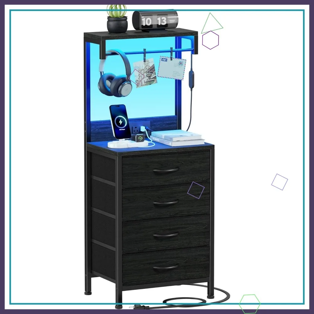 Comodino alto con stazione di ricarica, luci a LED, 4 cassetti e ripiani in tessuto per camera da letto, ufficio (rovere nero)