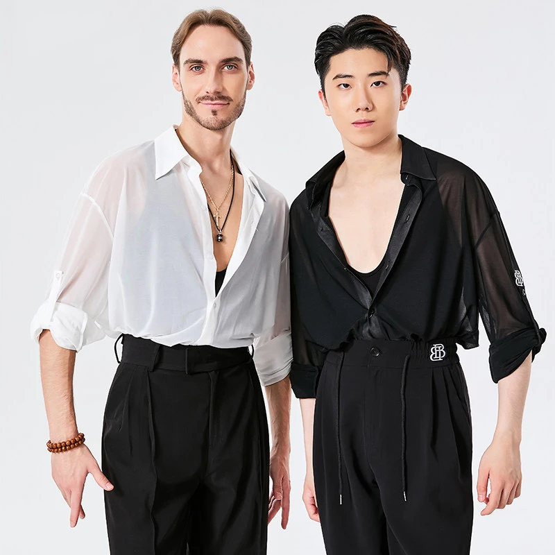 Fashion Male Modern Dancing Tops Adults Long Sleeves Mesh Latin Dance Practice Top Men'S Samba Ballroom Dance Shirt SL16093