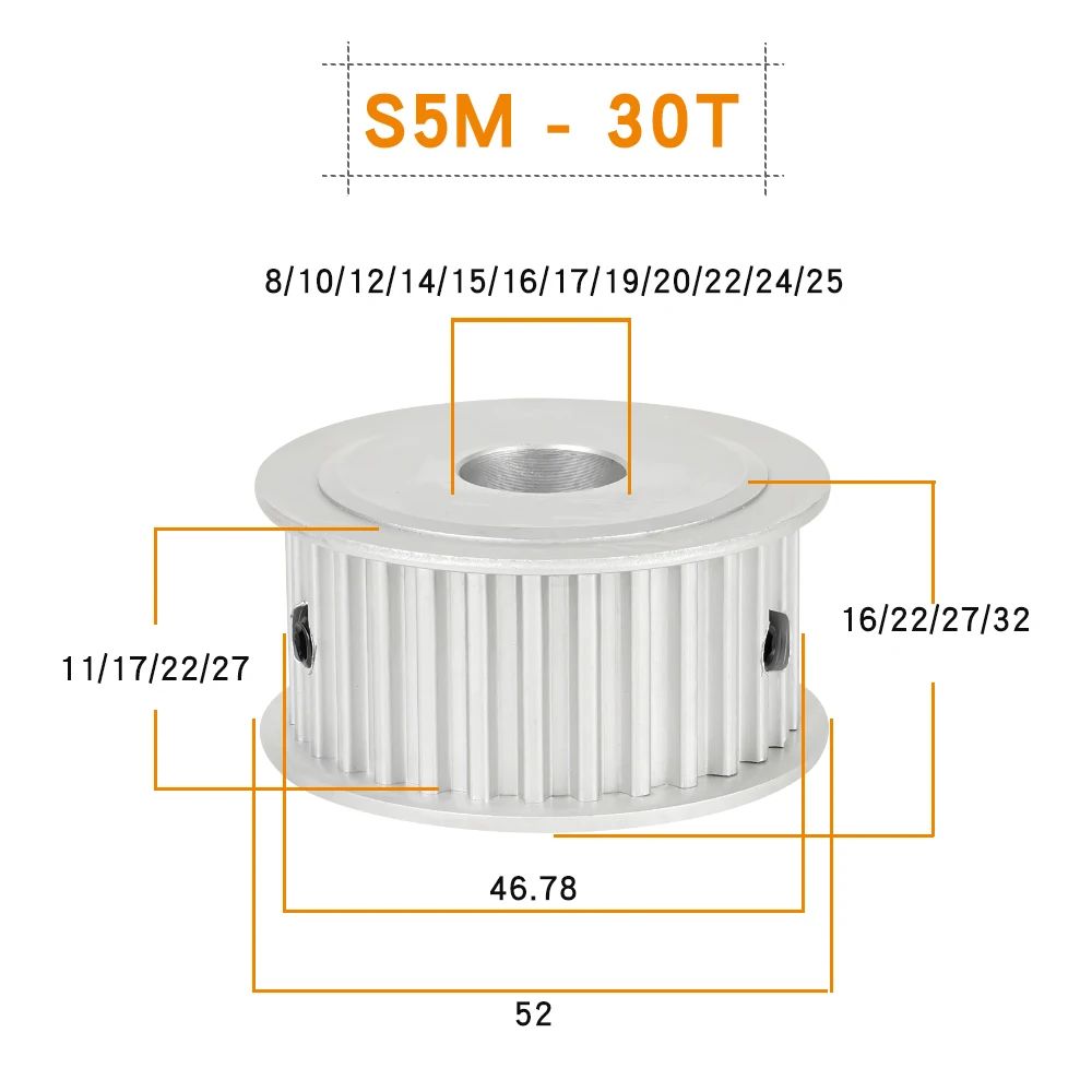 S5M 30T Timing Pulley 11/17/22/27mm Width Toothed Belt Pulley Bore 8/10/12/14/15/16/17/19/20mm 5mm Pitch STD5M Synchronous Belt