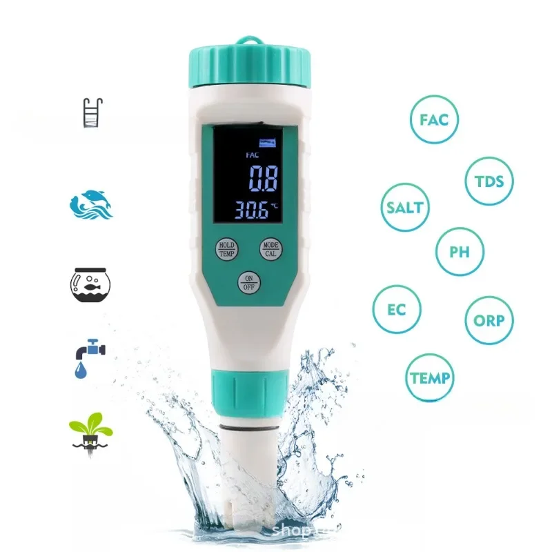 7-in-1 Water Quality Detector Residual Chlorine PH Meter ORP/EC/TDs Salinity Swimming Pool Breeding Water Quality Detector