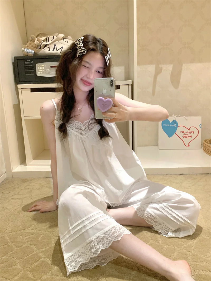 

Sweet Style Lace Trim Home Clothes Set Women's Loose Summer Sleepwear Shorts Two-Piece Set Comfortable Breathable Cotton Pajamas