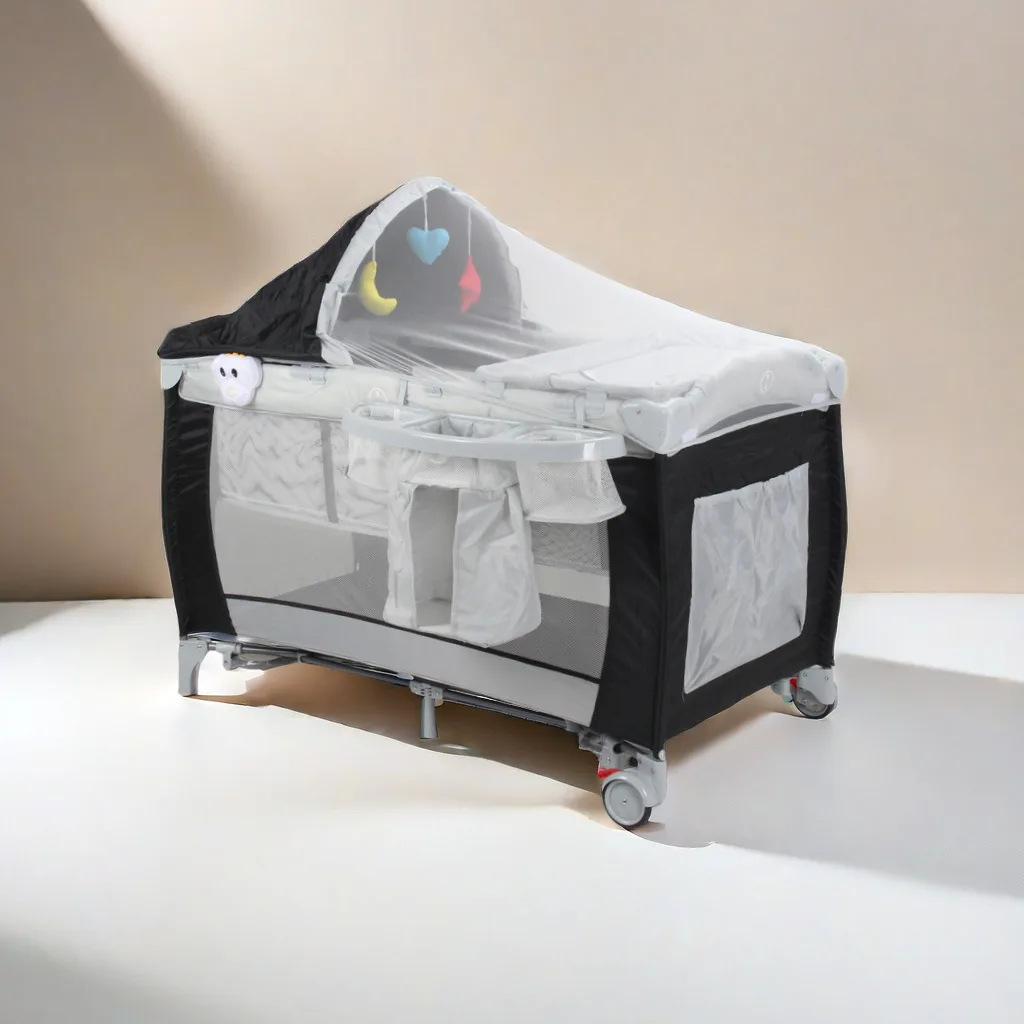 سرير أطفال حديثي الولادة متعدد الوظائف سرير أطفال قابل للطي مع طاولة حفاضات مهد سرير مع ناموسية أسرة لروضة الطفل #3