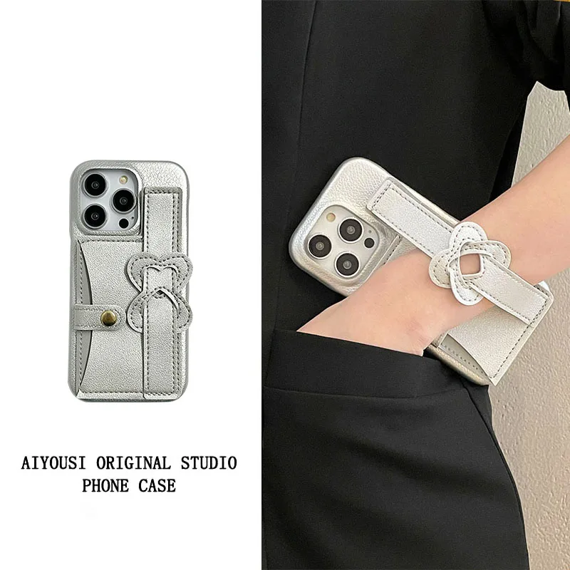 

Silver Wristlet Card Case for Apple 14promax Case iphone13promax Wristlet iphone12 Simple Leather 11 Insert Card Case i14/13pro