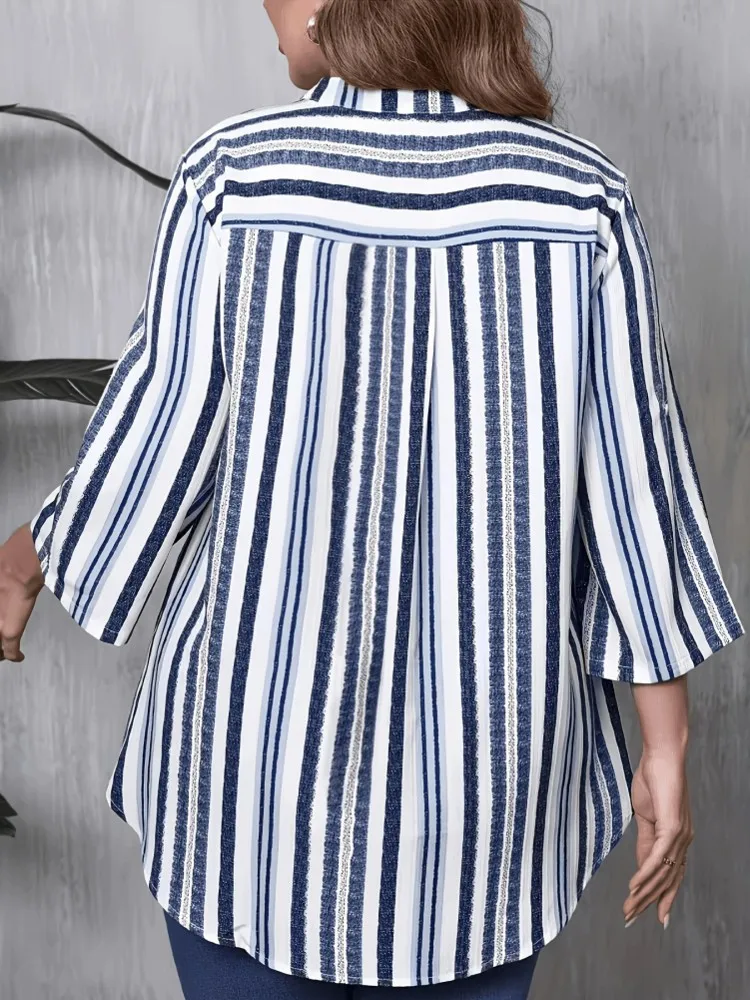 Women's Plus Size XL-5XL Casual 3/4 Sleeve Shirt Big Size 3XL Stripe Printing Blouse Top Women Clothing Oversized Summer Autumn - view 3