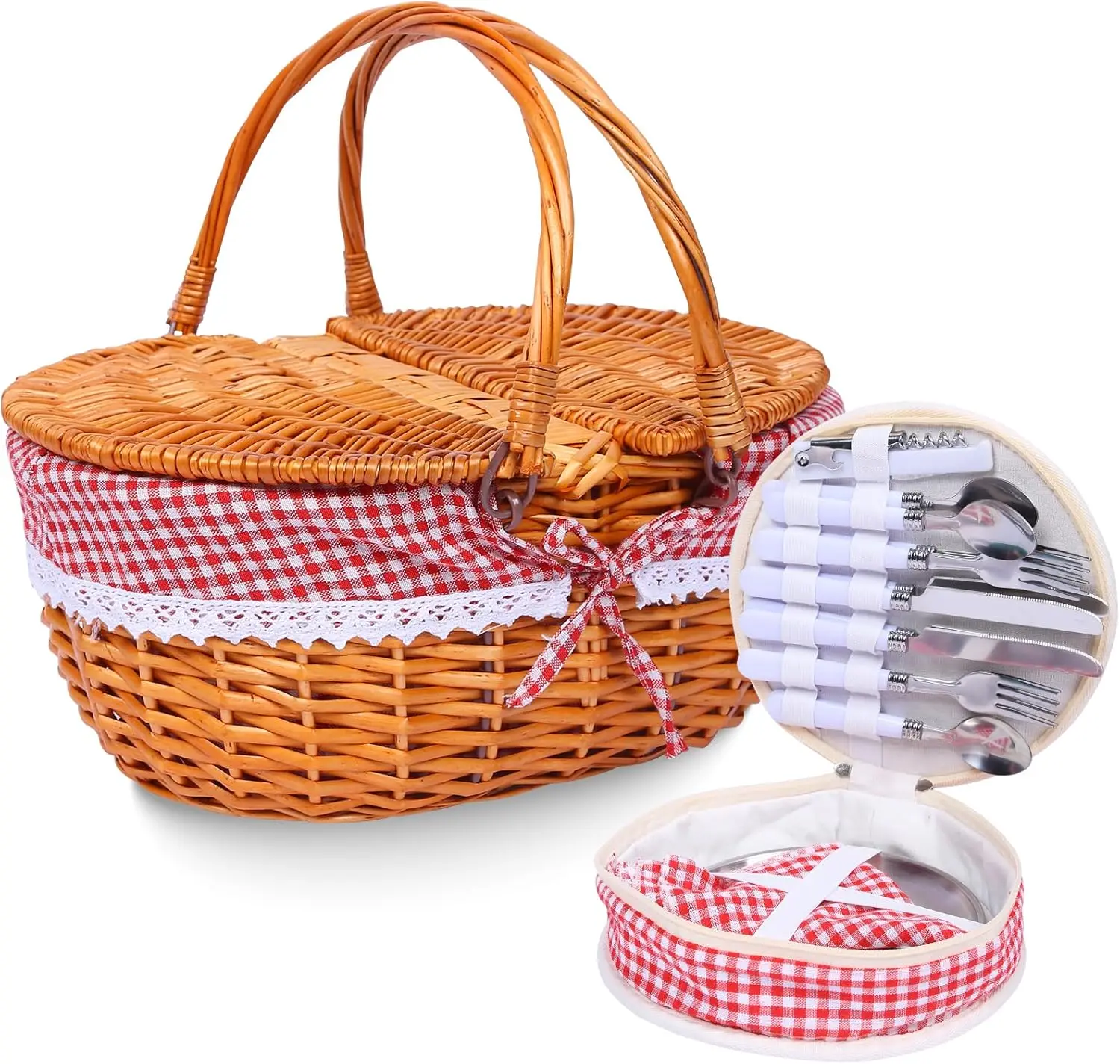 

Large Handwoven Picnic Basket with Handle Lid Liner and Cutlery Set for Camping Thanksgiving