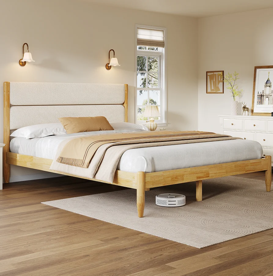 Queen Size Modern Adjustable Solid Wood Bed Frame with Fleece Upholstered Headboard Eco-Friendly Ivory