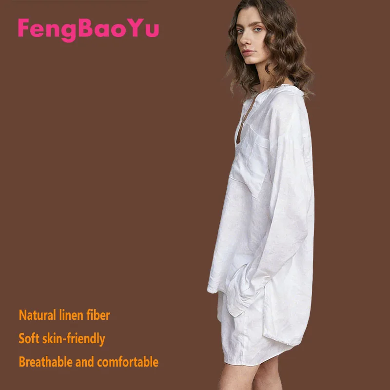 

Комплект Feng Baoyu из 100% натурального льна для женщин: рубашка с длинным рукавом и шорты (2 предмета) для летнего отдыха на природе и прохладных прогулок