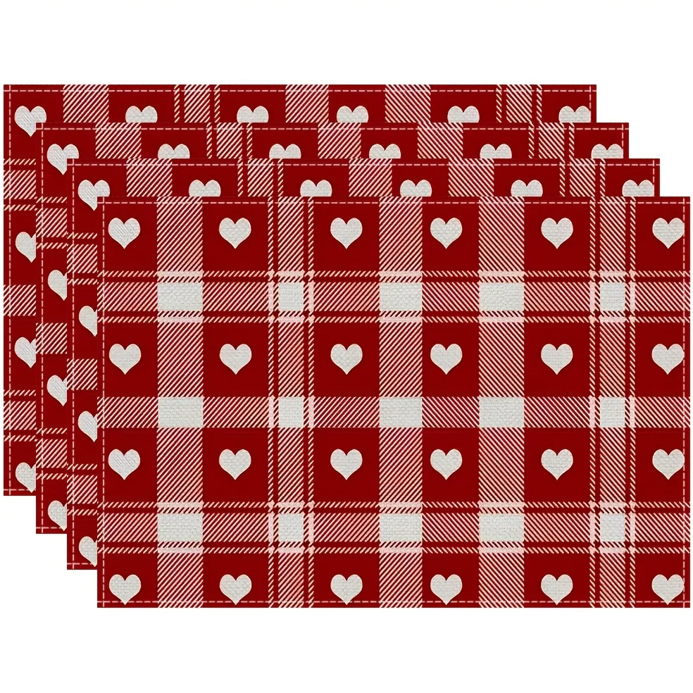 VIKAMA Red And White Checkered Heart-Shaped Placemat Valentine's Day Themed Dining Table Mat Romantic Wind Insulated Placemat
