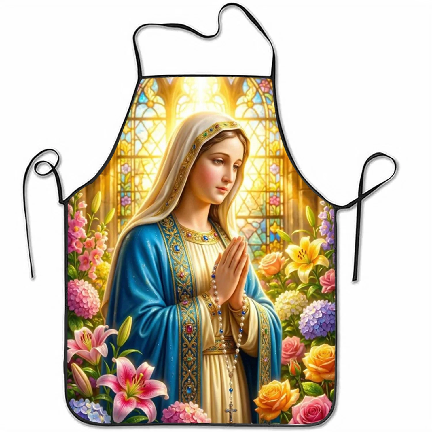 Virgin Mary Apron, Religious Catholic Art Kitchen Bib, Praying Madonna with Flowers Stained Glass Style Gift for Mom Christian