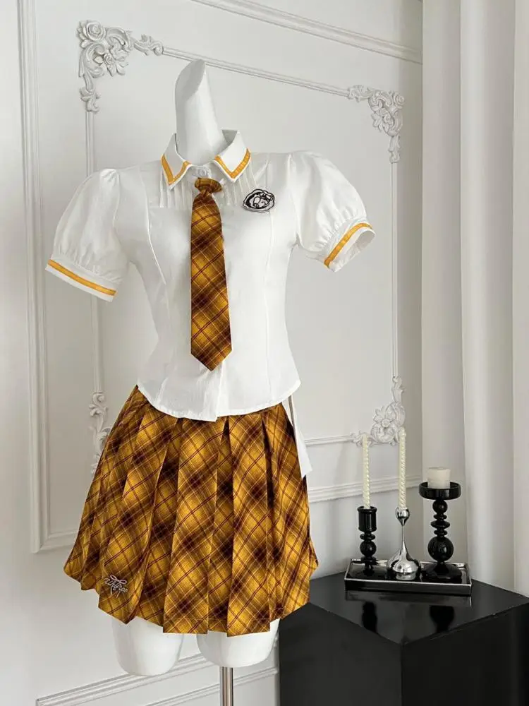 

Summer College Style Two Piece Set Women White Patchwork Short Sleeve Lapel Button Tops + Yellow Plaid High Waist Pleated Skirts