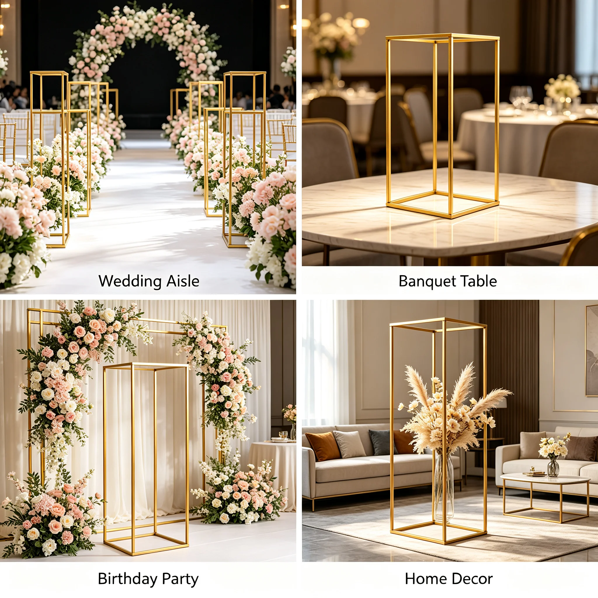 5Pcs Metal Flower Stands Wedding Flower Stand, Rectangular Flower Display Rack for Home Party Wedding Decor, Gold Iron Stand 23.62in Tall Centerpiece Set of 5