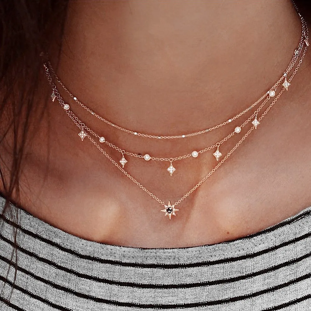 2024 Designs 925 Sterling Silver Crystal Gold Rose Gold Silver Color Dangle Star Cz Drop Choker Necklaces Jewellery For Women