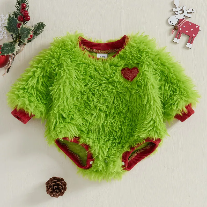 0 to 18 Months Baby Girl Boy Christmas Fuzzy Bodysuit Green Monster Heart Pattern Long Sleeve Crew Neck Bubble Jumpsuit