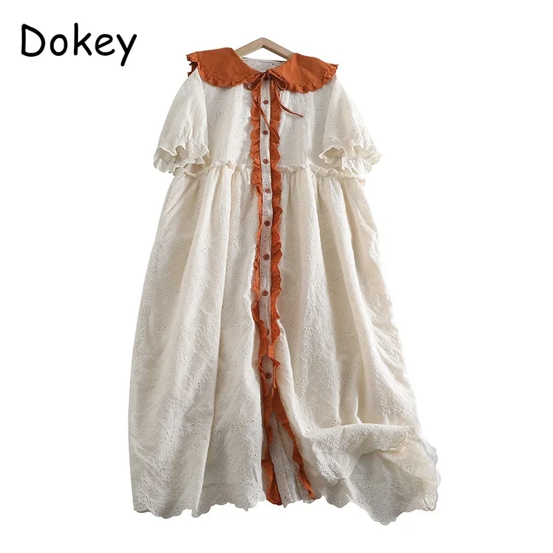 Vintage Embroidery Hollow Out White Dress Women Japanese Ruffles Peter Pan Collar Lace-up Loose Patchwork Dress Summer Vestidos