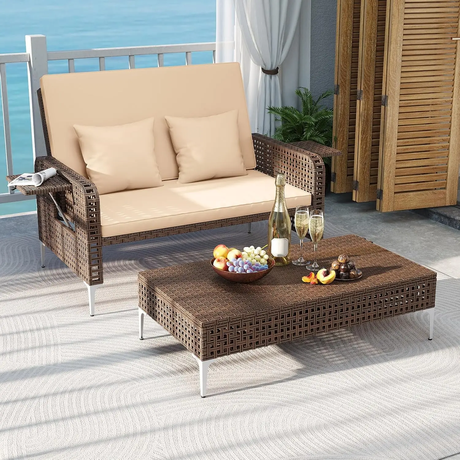 

Плетеная кушетка для патио с 4-уровневой регулируемой спинкой, уличный плетеный диван-софа в стиле бохо и пуф для хранения, на заказ