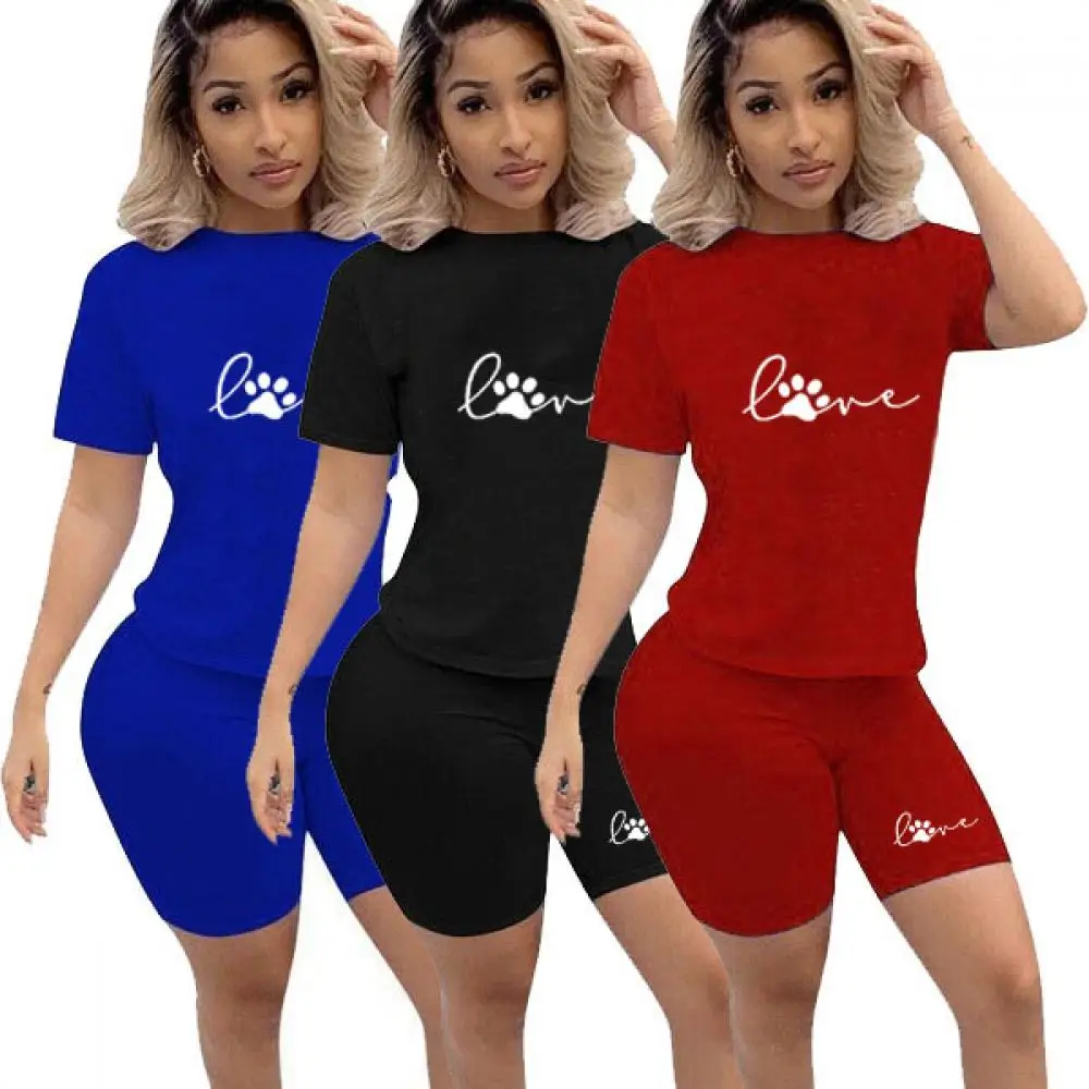 Summer Women T-Shirts and Shorts Suits Casual Tracksuit Two Piece Set Paw Print Short Sleeve Top Tees Female Sport Sets 2022