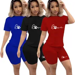 Sommer Frauen T-Shirts und Shorts Anzüge Lässige Zwei Stück Set Paw Print Short Sleeve Top Tees Weibliche Sport Sets 2022