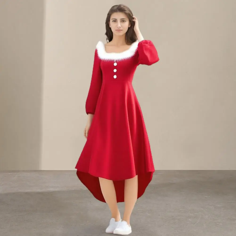 Christmas Performance Dress Fluffy Square Neck Pure Color A-line Irregular Hem Button Decor Festive Stage Show Santa Cosplay Cos