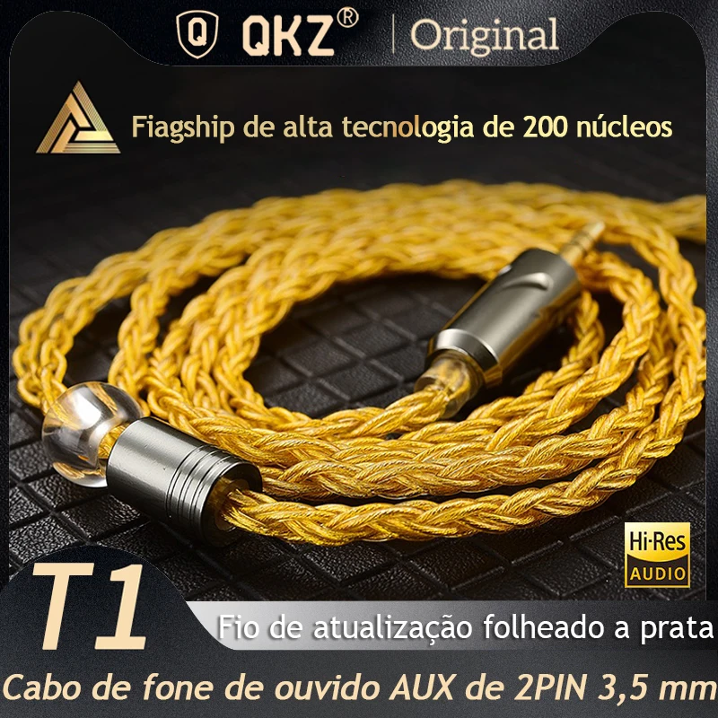 Cabo de fone de ouvido QKZ T1 original 0,75 mm 2 pinos de cobre banhado a prata Cabo de atualização 3,5 mm Fones de ouvido com fio para KZ ZSN PRO ZS10 pro EDX TRN CCA QKZ ZXN ZXT AK6Pro