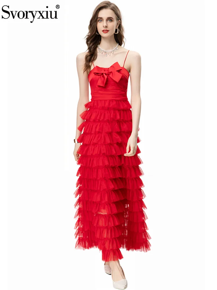 

Svoryxiu Runway Fashion Summer Party Sexy Red Long Dress Women Spaghetti Strap Butterfly-knot Net Yarn Cascading Flounces Dress