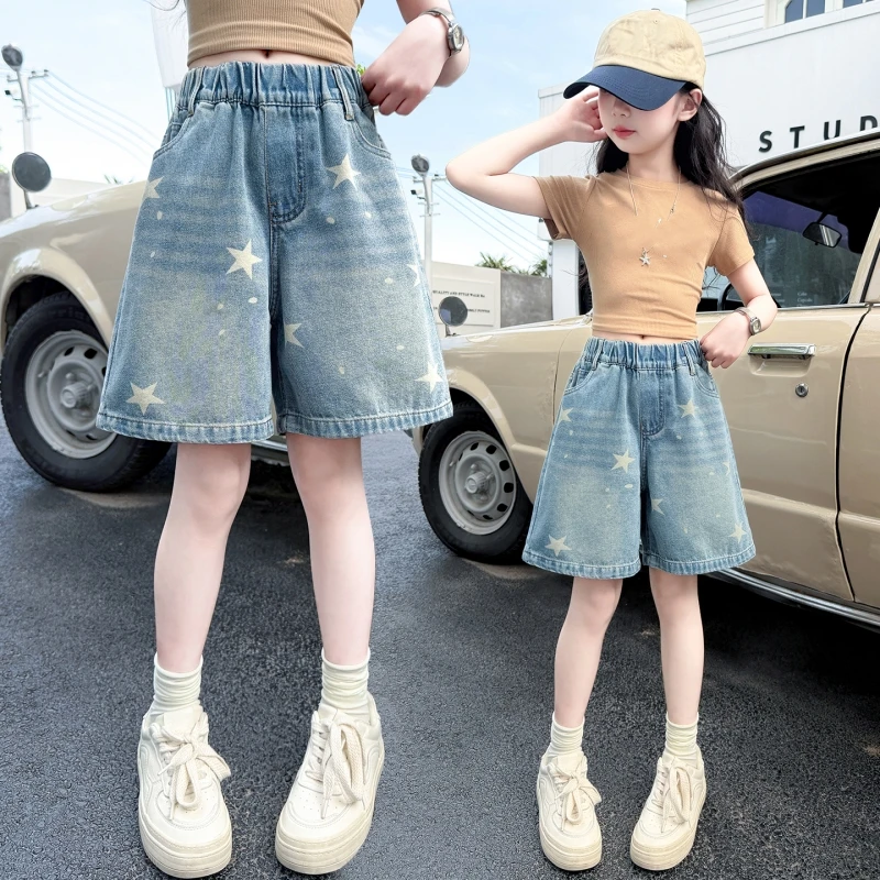 Sommer-Jeansshorts für Mädchen, elastische Taille, Sternmuster, lockere, lässige Jeansshorts mit weitem Bein für Kinder