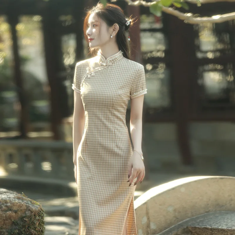 

Beige Plaid Cheongsam Women Short Sleeve Fashionable Lace Dress Slim Elegant Chinese Traditional Qipao S To XXL