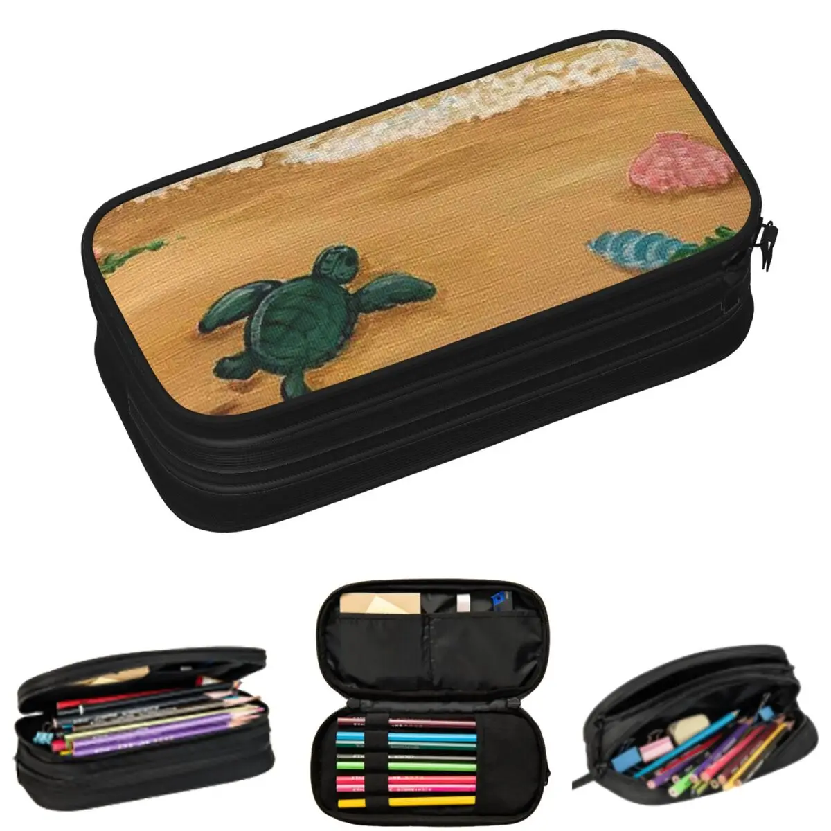 Sea Turtle Crawls Towards The Beach Of The Sea Pencil Cases for Student Gifts Pen Box Pencil Bag Large Capacity Pencil Pouch