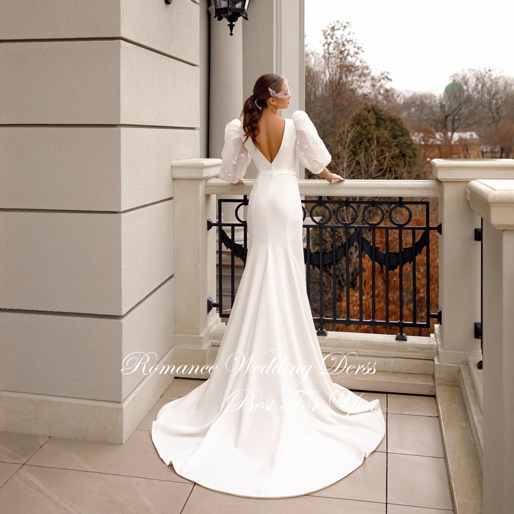 Vestidos De Novia sencillos De sirena con cuello redondo, fajas con mangas abullonadas De encaje, espalda abierta, tren De barrido, Vestidos De Novia personalizados