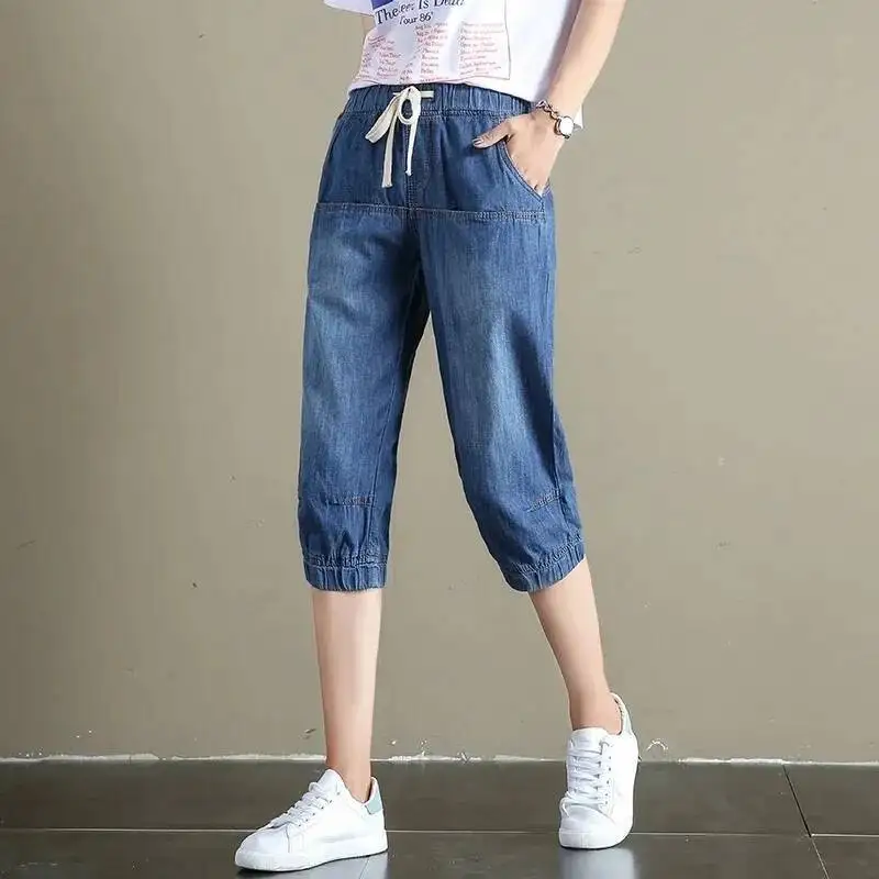 

High Waist Women Capris Jeans 2025 Summer Women's Trousers Female Capri Pants Casual Ripped Hole Harem Jeans Pantalon Femme
