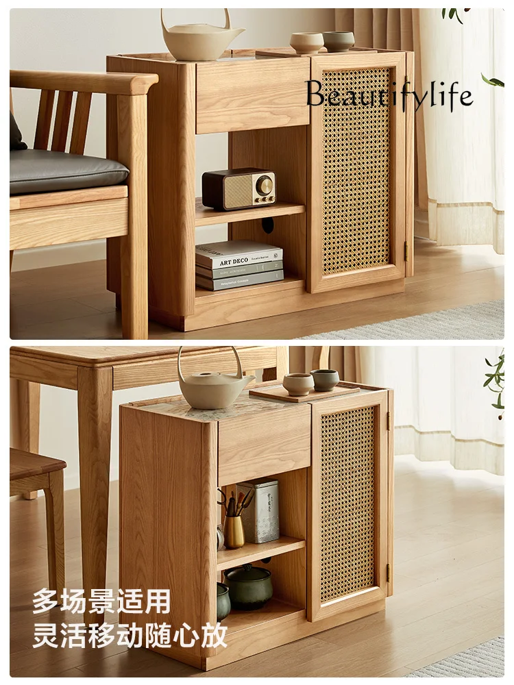 Nordic Minimalism Solid Wood Rattan Sideboard Cabinet Modern Living Room Sofa Side Cabinet Light Luxury Home Tea Cabinet