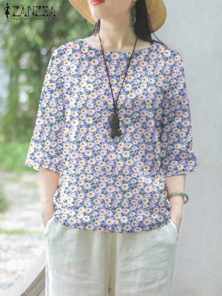 

Bohemian Simple Shirts Tops ZANZEA Women Floral Printed Blouse 2024 Summer Vintage 3/4 Sleeve Blusas Casual Loose O-Neck Tunics