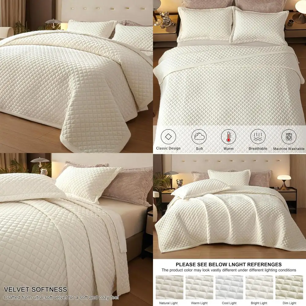 

Luxurious King Size Velvet Bedding Set with 2 Pillow Shams, Soft 3-Piece Reversible Quilt Coverlet for All Seasons