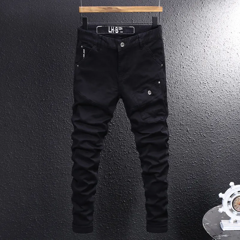 

Уличный дизайнер Модные повседневные мужские джинсы Высококачественные черные эластичные облегающие брюки-карго с несколькими карманами Хип-хоп Джинсы для отдыха Мужские