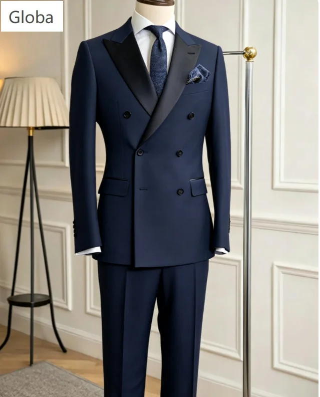 Men Double Breasted Suit High Quality Two-Piece Contrast Satin Peak Lapel Blazer Trousers Set Formal Tuxedo Prom Customized