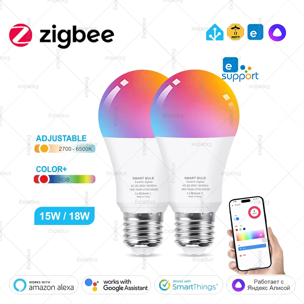 Żarówki LED Ewelink Zigbee Smart E27, lampy LED RGB+WW+CW 18W 15W, kompatybilne z Alexa, Google Home, wymagany Zigbee Hub.