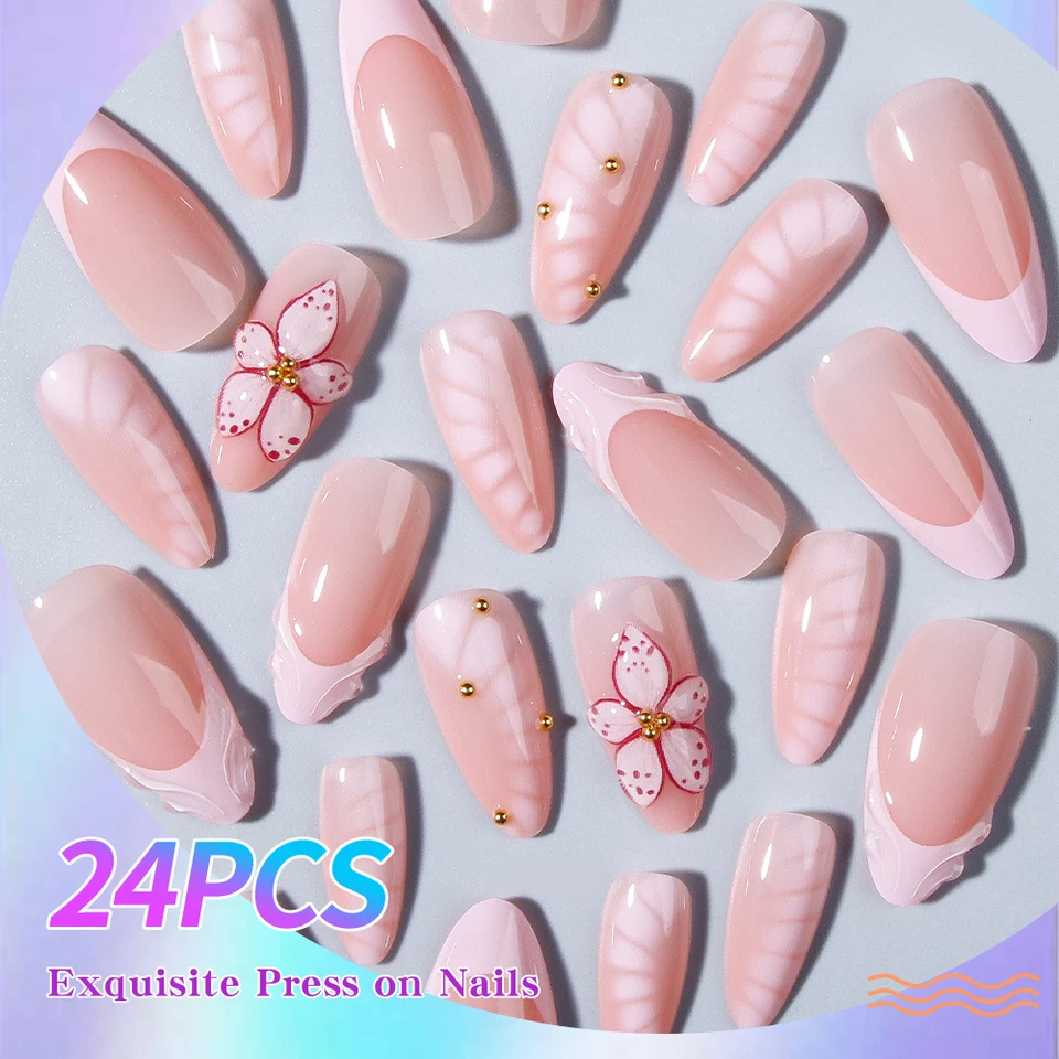 24 piezas de uñas postizas almendradas estilo Y2K con flores 3D de gel blanco, decoradas con cuentas doradas, para parches de manicura francesa 4