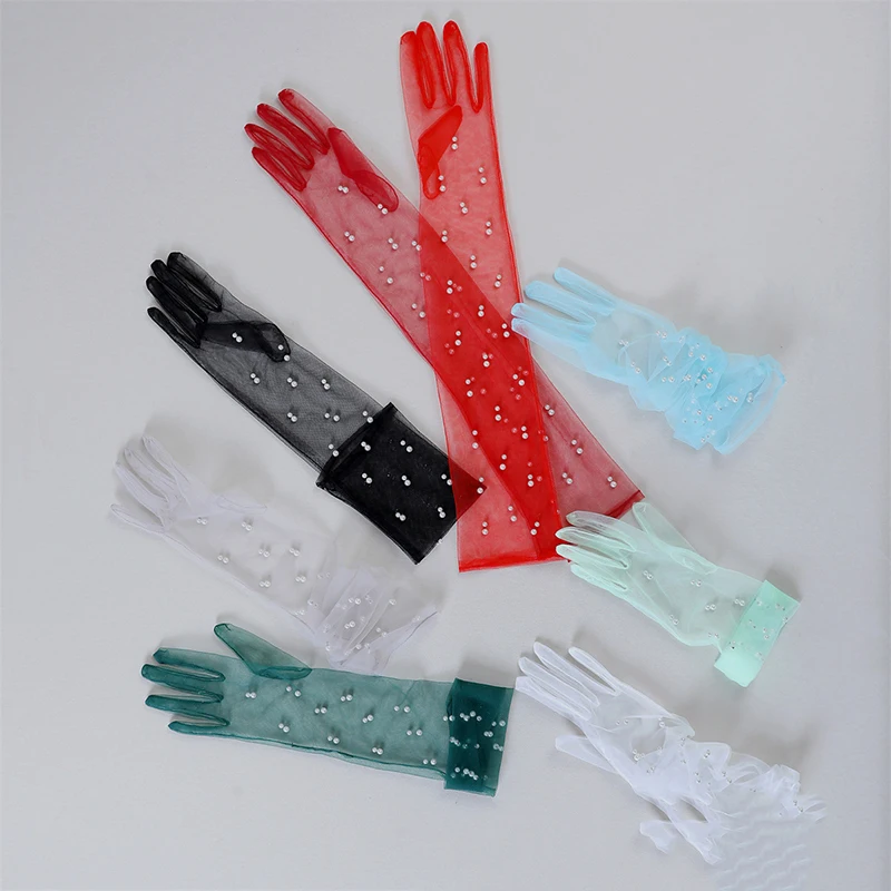 Gants de mariage transparents vintage pour femmes, mitaines longues avec perles, couvre-bras en maille, accessoires de robe de fête pour patients, accessoires photo