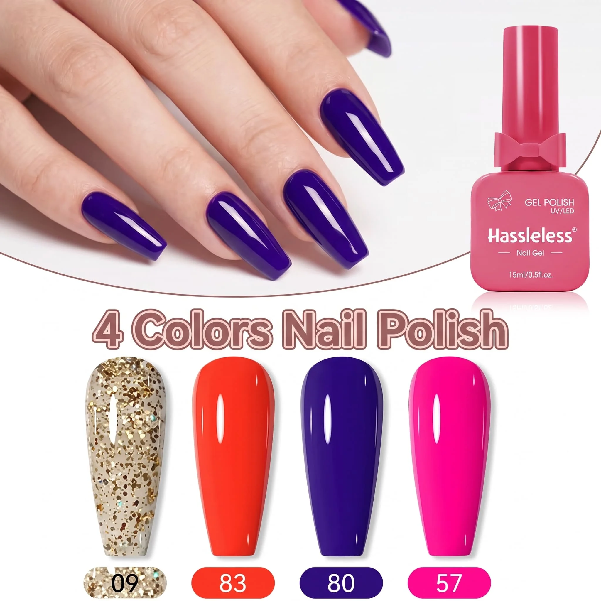 Hassleless 4-Piece Armor Gel Polish Set, Gold Shiny Orange, Sapphire Blue, Vibrant Rose Red Color Scheme, Mirror-Like High Gloss, Eye-Catching and Vibrant, for Home Salon DIY Nail Art