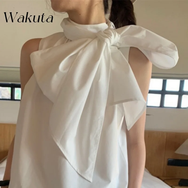 WAKUTA 2024 Summer Elegant Hanging Neck 3D Bow Decoration Short Sleeve Sexy Satin Texture Camis for Women Pornhub Crop Top