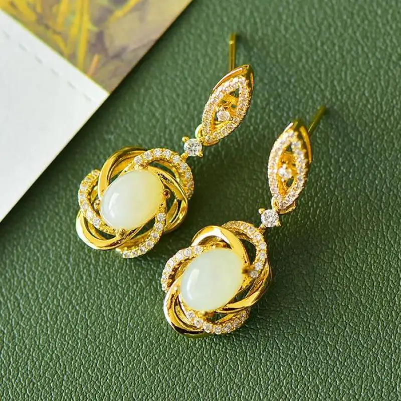 

Natural Nephrite White Jade Earring Women Healing Gemstone Fine Jewelry Genuine Chinese Hetian Jade Luxury Zircon Drop Earrings