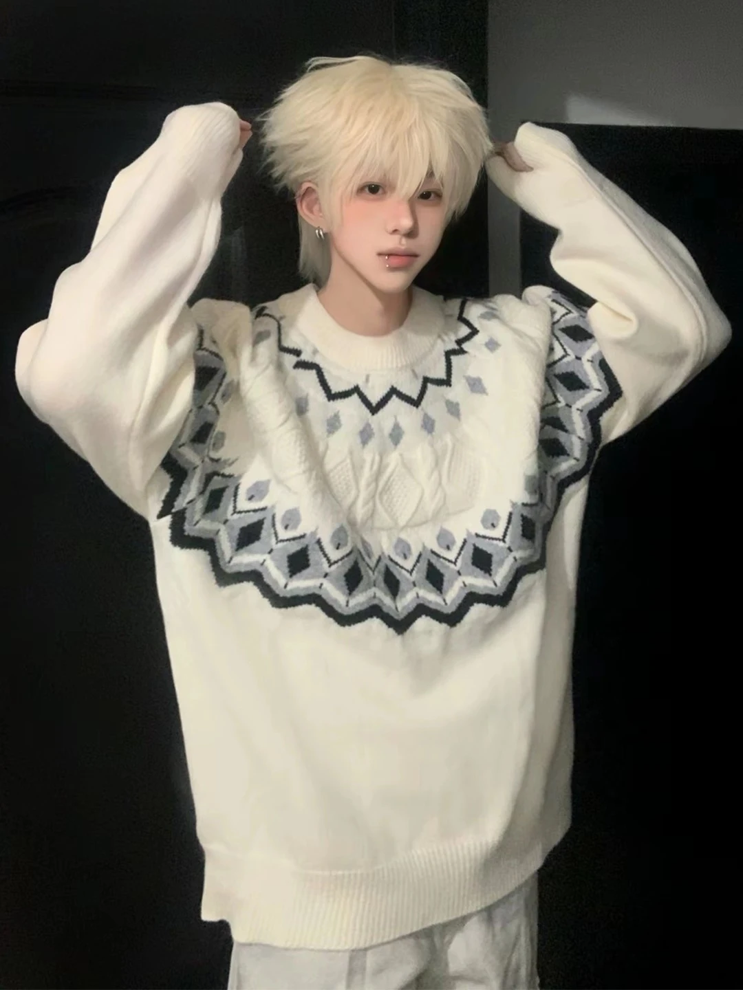 

Мужской вязаный свитер с круглым вырезом, узором косы, свободного кроя, для ношения под одеждой, Cleanfit, топ, зимний, повседневный, с длинным рукавом, теплый, комфортный